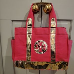 Tory Burch Pink and Silver Canvas Tote Bag